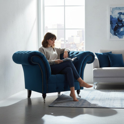 Moderner Blauer Chesterfield Sessel Designer Sitzmöbel Wohnzimmer Sitzer