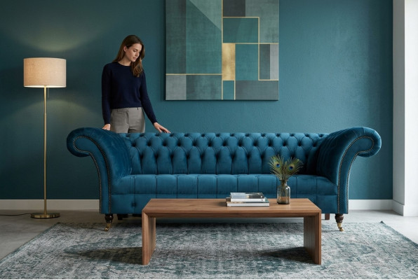 Luxus Blaue Chesterfield Textilcouch Wohnzimmer Polstermöbel 3-Sitzer