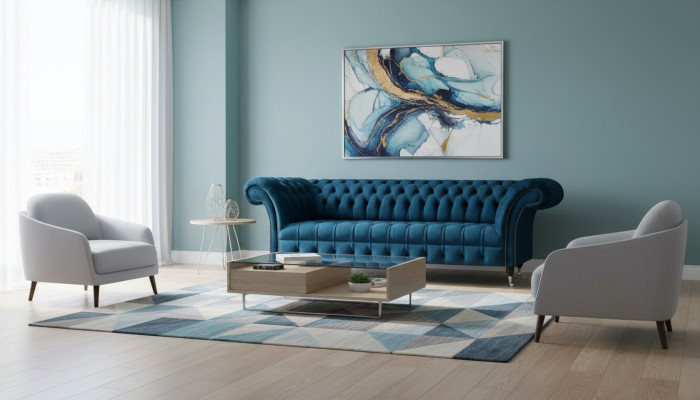 Luxus Blaue Chesterfield Textilcouch Wohnzimmer Polstermöbel 3-Sitzer