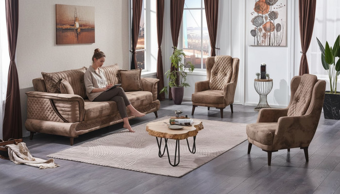 Beige Wohnzimmer Sofagarnitur 3tlg Luxus Textil Design Sofas Komplett