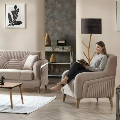 Beige Sessel Moderne Polstermöbel Wohnzimmer Design Möbel Textil Sitz