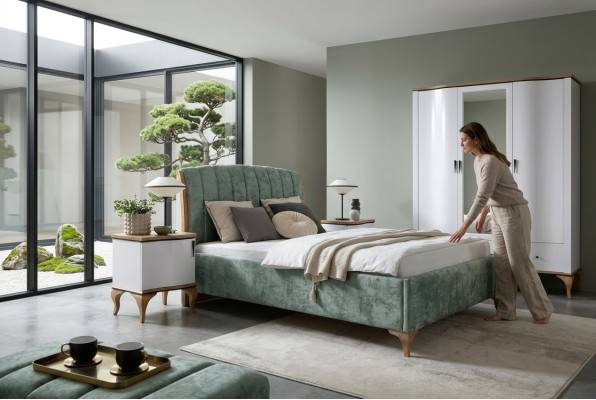 Schlafzimmer Set Bett Doppelbett 2x Nachttische Kleiderschrank Garnitur 4tlg