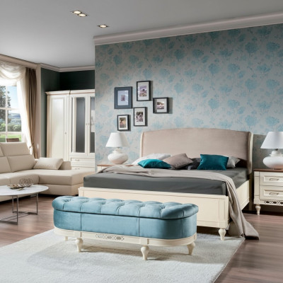 Schlafzimmer Set 4tlg Bett mit  2x Nachttische Stilvoller Bank Komplett