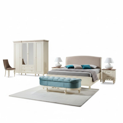 Schlafzimmer Set 4tlg Bett mit  2x Nachttische Stilvoller Bank Komplett