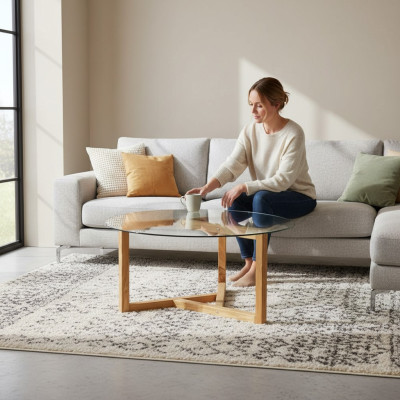 Couchtisch Glastischplatte Holzbeine Wohnzimmer moderne minimalistische Möbel