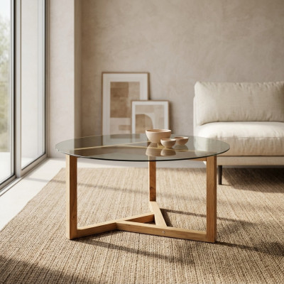 Couchtisch Glastischplatte Holzbeine Wohnzimmer moderne minimalistische Möbel