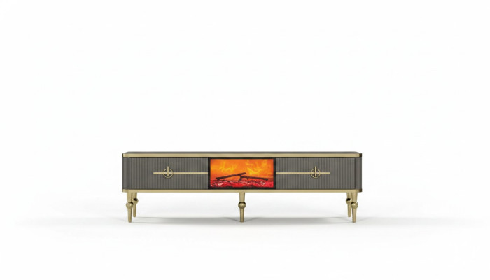 Wohnzimmer TV Lowboard Grau Kamin RTV Sideboard Metall + MDF Exklusiv