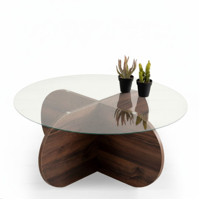 Moderner Couchtisch Wohnzimmer Glas dunkelbraunes Holz Spanplatte Neu