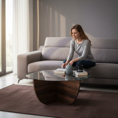 Minimalistischer Couchtisch aus Glas Holz X-Beine moderner Stil neu