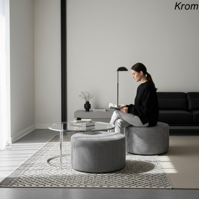 Wohnzimmer-Set Couchtisch Glas und Metall + gepolsterter Sitzhocker