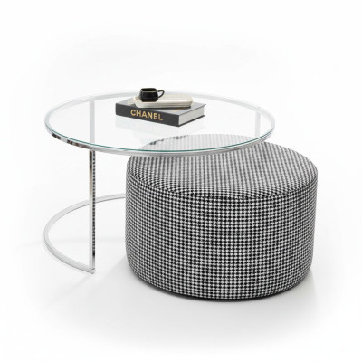 Wohnzimmer-Set Couchtisch Glas und Metall + gepolsterter Sitzhocker