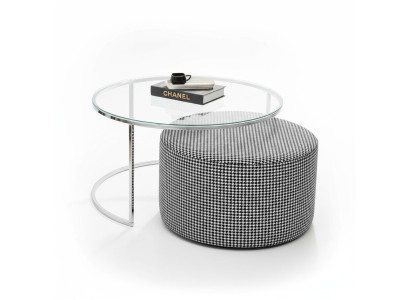 Wohnzimmer-Set Couchtisch Glas und Metall + gepolsterter Sitzhocker