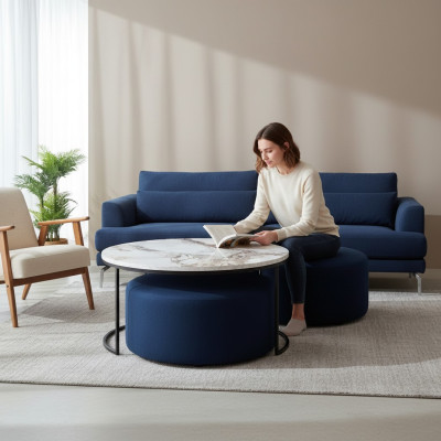Couchtisch + Hocker praktisches Wohnzimmer Set 2-teilig runder Tisch
