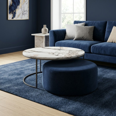 Couchtisch + Hocker praktisches Wohnzimmer Set 2-teilig runder Tisch