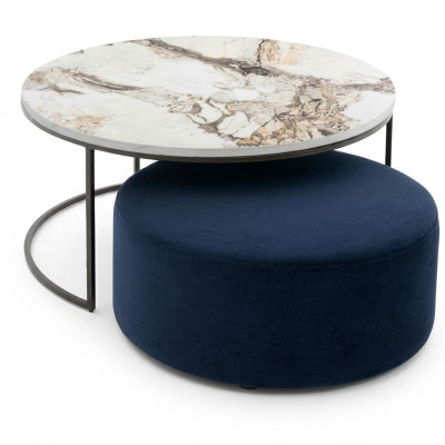 Couchtisch + Hocker praktisches Wohnzimmer Set 2-teilig runder Tisch