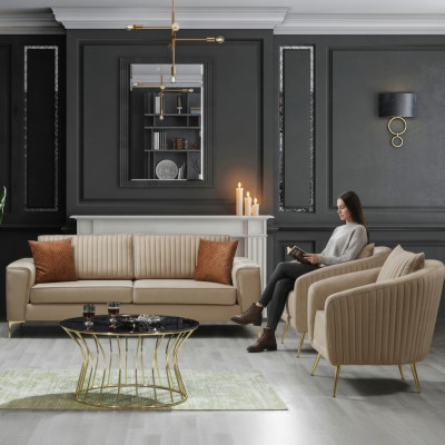 Beige Edelstahl Sofagarnitur Moderner Dreisitzer Luxus 2x Lehnsessel 3tlg
