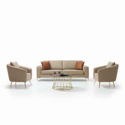 Beige Edelstahl Sofagarnitur Moderner Dreisitzer Luxus 2x Lehnsessel 3tlg