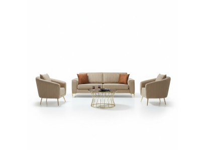 Beige Edelstahl Sofagarnitur Moderner Dreisitzer Luxus 2x Lehnsessel 3tlg