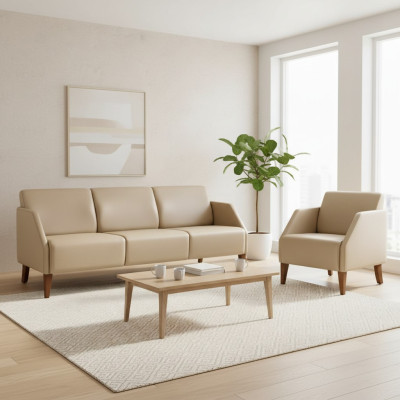 Beiges Wohhnzimmer Lederset Designer 3-Sitzer Exklusiver Sessel 2tlg