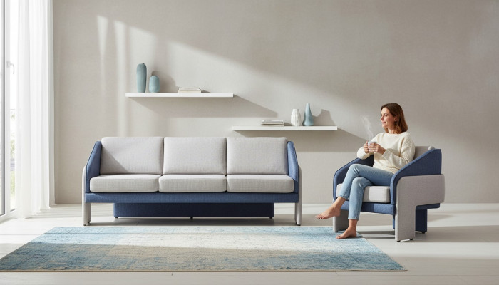 Grau-Blaue Wohnzimmer Designer Sitzmöbel 3-Sitzer Lehnsessel 2tlg Set