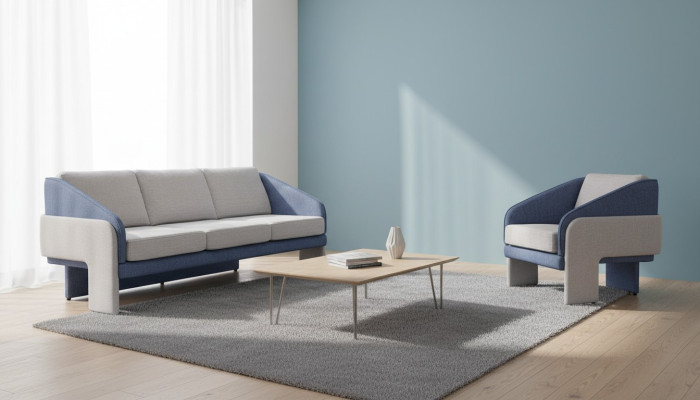 Grau-Blaue Wohnzimmer Designer Sitzmöbel 3-Sitzer Lehnsessel 2tlg Set