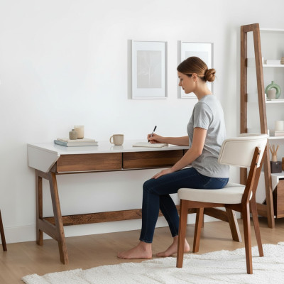 Weiß-Brauner Arbeitszimmer Schreibtisch Robuster Laptoptisch Holz Möbel