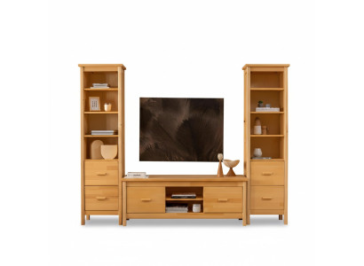 Luxuriöse Beige Wohnzimmer Garnitur RTV-Ständer 2x Holz Vitrinen 3tlg