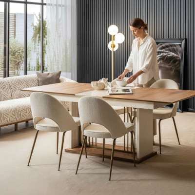 Beiges Esszimmer Set Rechteckiger Holztisch Designer 4x Polsterstühle