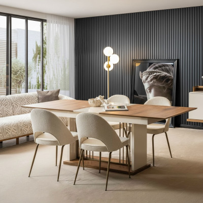 Beiges Esszimmer Set Rechteckiger Holztisch Designer 4x Polsterstühle