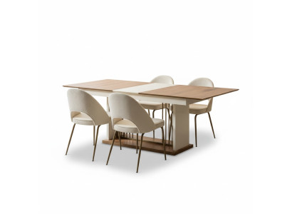 Beiges Esszimmer Set Rechteckiger Holztisch Designer 4x Polsterstühle