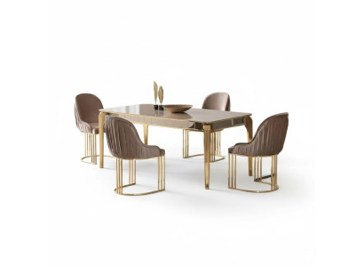 Essgruppe Garnitur Esszimmer Esstisch Stühle Beige 5tlg Holz Tisch Set