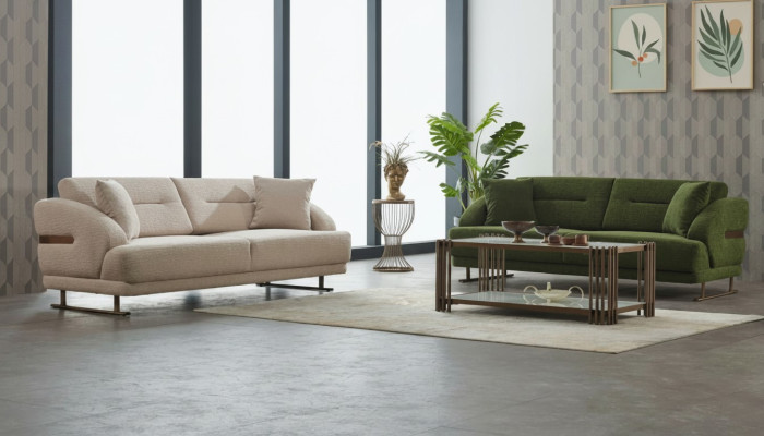 Stoffsofa Garnitur Dreisitzer Sofa Polstersofa Couch Beige Grün Stoff