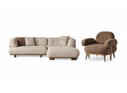 Schicke Beige-Braune Sofagarnitur Stilvolles Ecksofa Textilsessel 2tlg