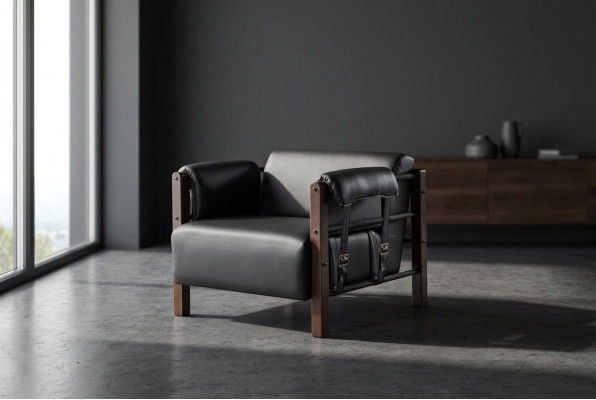 Lehnsessel Schwarz Modern Sessel Holz Leder Weiche Armlehnen 1-Sitzer