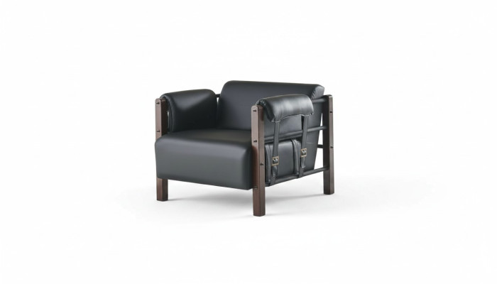 Lehnsessel Schwarz Modern Sessel Holz Leder Weiche Armlehnen 1-Sitzer