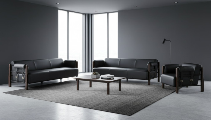 Sofagarnituren Sofa-Set 3-Sitzer Sessel Schwarz Holz Sofas Ledersofas