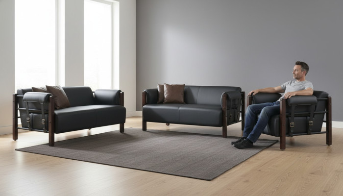 Sofa-Set Sofagarnituren Sofas Leder 2-Sitzer Sessel Schwarz Modern Holz