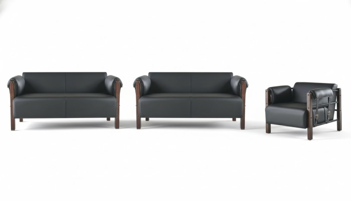 Sofa-Set Sofagarnituren Sofas Leder 2-Sitzer Sessel Schwarz Modern Holz