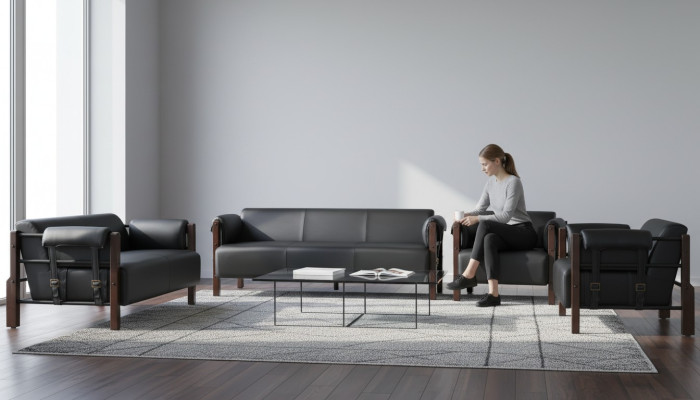 Sitzmöbel 3-Sitzer 2-Sitzer Couch Sofas Ledersofas Set Sessel Schwarz