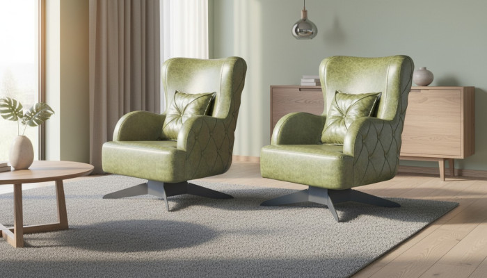 Chesterfield Set Sessel Grün Polster Klassisch Edelstahlfüße Leder Kissen