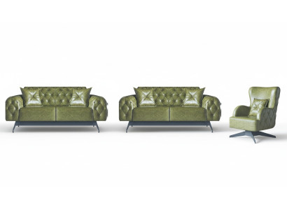 Sofa-Set Chesterfield 3-Sitzer 2-Sitzer Leder Holz Sessel Grün Klassisch