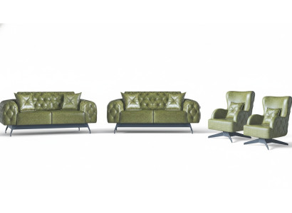 Sofa-Set Kissen Polster 2-Sitzer Leder Sessel Grün Sitzmöbel Chesterfield