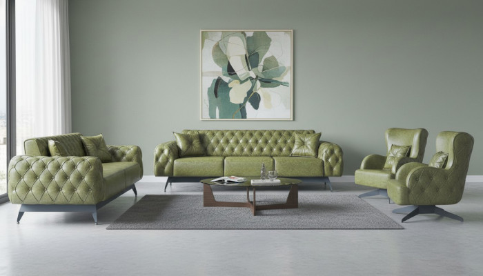 Chesterfield Polster 3-Sitzer 2-Sitzer Sessel Grün Set Klassisch Leder 4tlg.