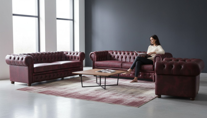 Klassisches Ledersofa Sofas 3-Sitzer Sofagarnitur Sessel Chesterfield Set 3tlg.