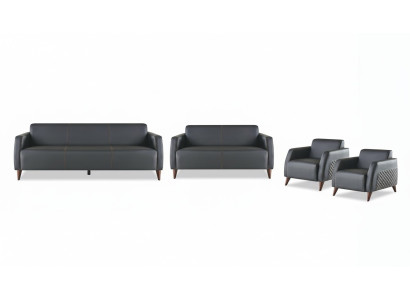 Komplett-Set Sitzmöbel 3-Sitzer 2-Sitzer Sessel Schwarz Moder Leder Holz