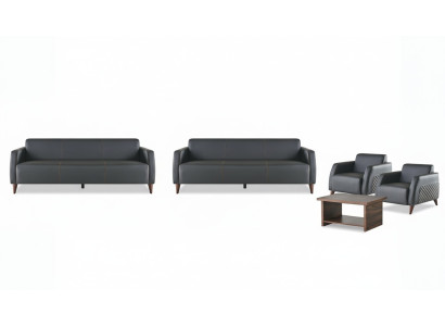 Komplett-Set Ledersofa Schwarz 3-Sitzer Sessel Couchtisch Holz Leder 4tlg.