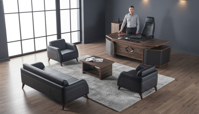 Modern Komplett Arbeitszimmer-Set Schreibtisch Sofas Braun Schwarz Leder