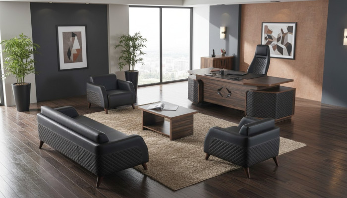 Modern Komplett Arbeitszimmer-Set Schreibtisch Sofas Braun Schwarz Leder