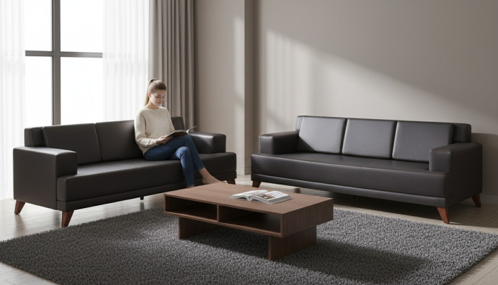 Ledersofas Modern Couch 3-Sitzer Schwarz Polster Kissen Leder Holz