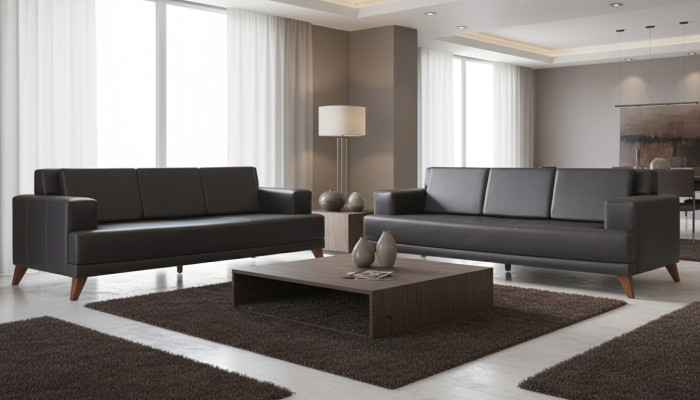 Ledersofas Modern Couch 3-Sitzer Schwarz Polster Kissen Leder Holz